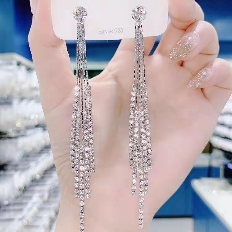 Rhinestone long tassel s925 earrings