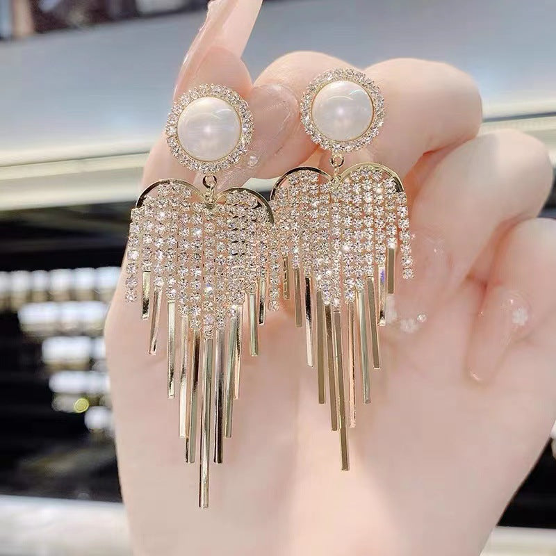 Rhinestone long tassel s925 earrings