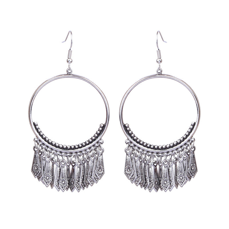 National retro silver Bohemian turquoise tassel earrings