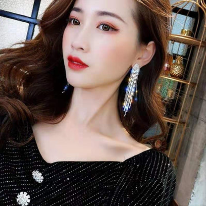 Long style tassel rhinestone s925 earrings