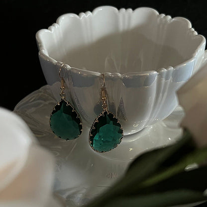 Emerald water drop retro copper hook long earrings