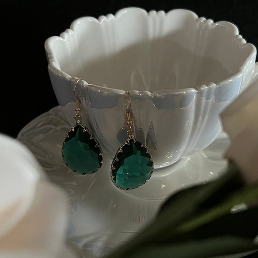 Emerald water drop retro copper hook long earrings