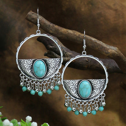 Turquoise ancient silver geometric metal tassel earrings