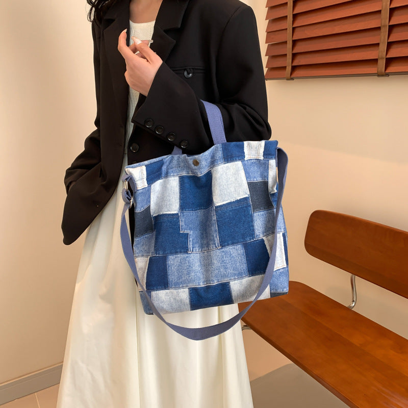 Retro Patchwork Contrast Color Denim Canvas Large Capacity Bag for Women  New Fashion Retro Tote Bag Shopping Bag