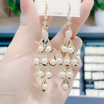 Rhinestone long tassel s925 earrings