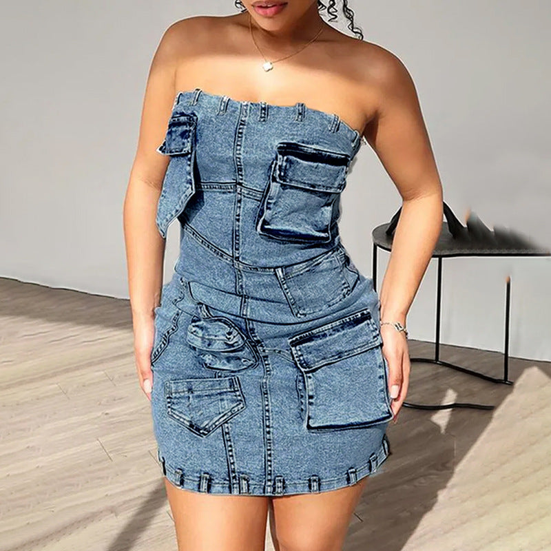 2024  Hot Selling Product Bags Stitching Sexy Tube Top Hip-Wrapped Short Denim Dress Summer Women's Clothing