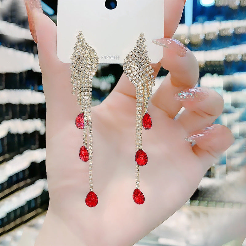 Rhinestone long tassel s925 earrings