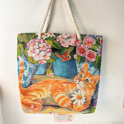 New Ethnic Orange Tabby Cat Good-looking Gold Silk Embroidered Large Capacity Zip One Shoulder Handbag Internet Celebrity Canvas Bag