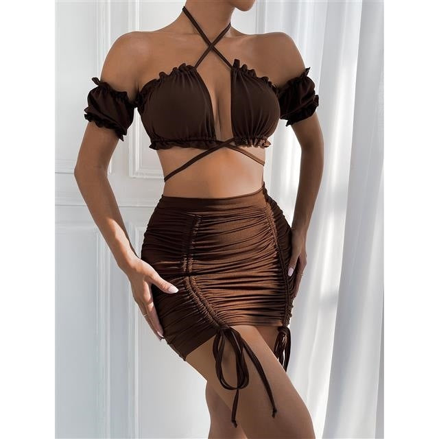 European and American Style Hot Girl Sexy Ruffle Sleeveless Two-Piece Set Hollow out Strap Ruffle Hip New Summer Dress