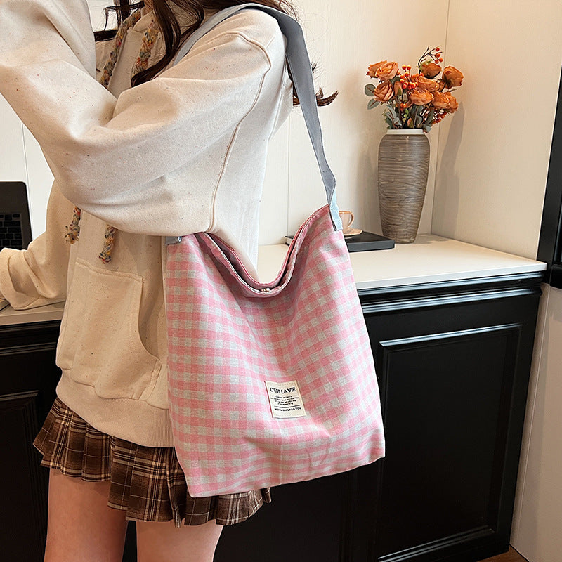 Canvas Bucket Bag Female  New Trendy Bag Color-Contrast Check One Shoulder Bag College Student Literary Commuter Tote