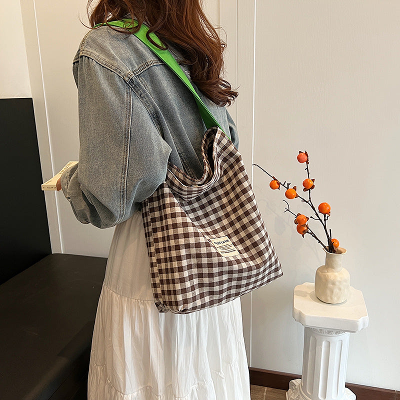 Canvas Bucket Bag Female  New Trendy Bag Color-Contrast Check One Shoulder Bag College Student Literary Commuter Tote