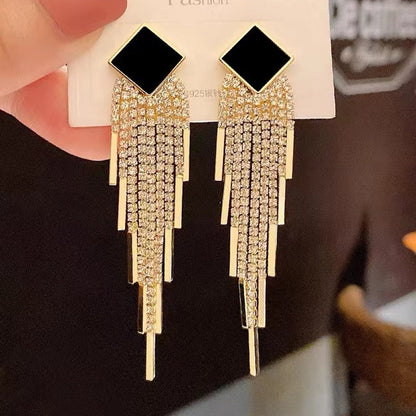 Rhinestone long tassel s925 earrings