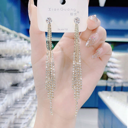 Rhinestone long tassel s925 earrings