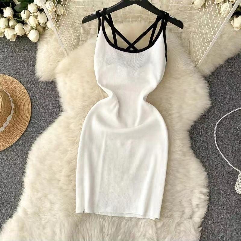 2024 Summer New Pure Desire Hot Girl Contrast Color Sling Integrated Dress Women's Outer Wear Sexy Slimming Beam Waist Sheath