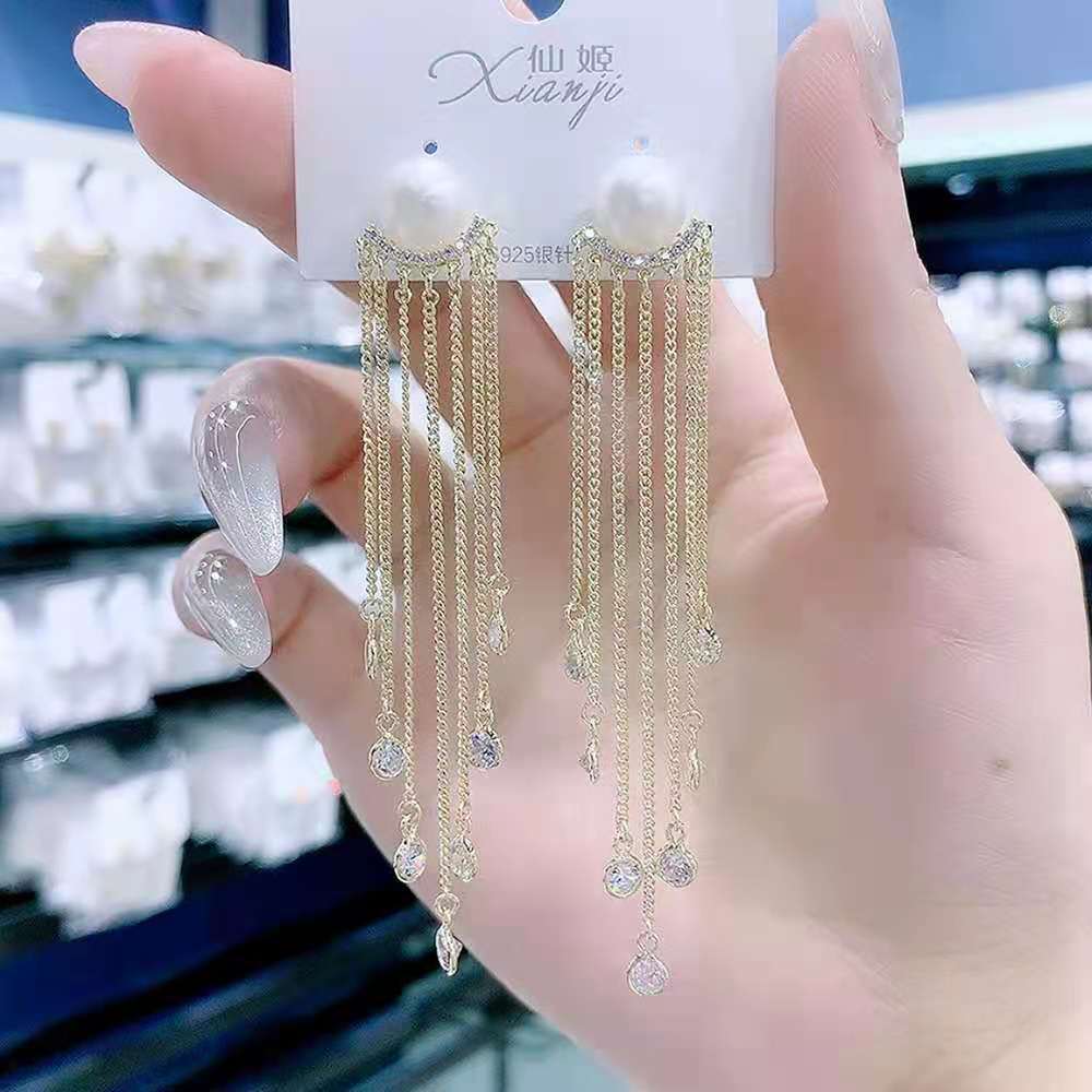 Rhinestone long tassel s925 earrings