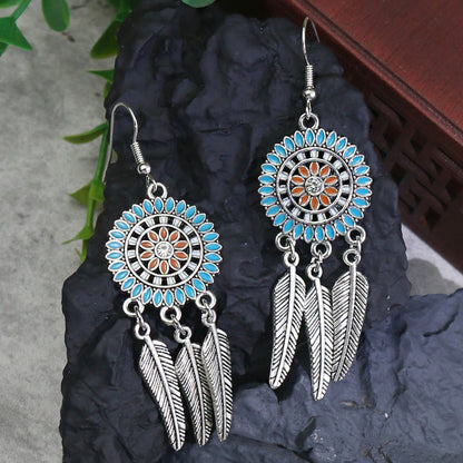 Turquoise ancient silver geometric metal tassel earrings