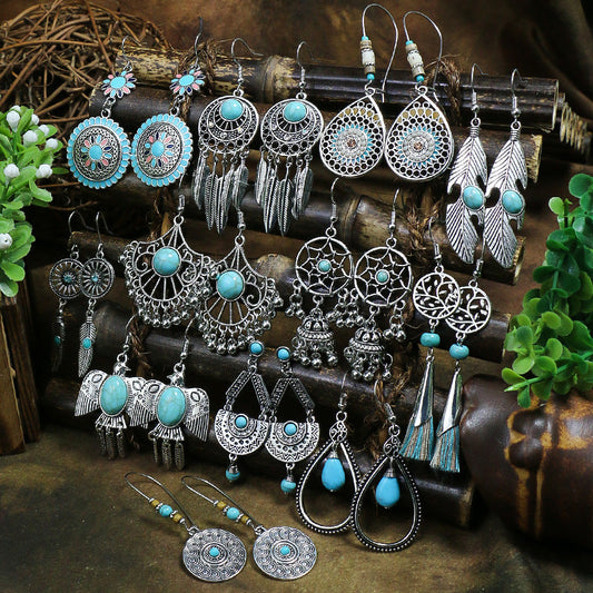 Bohemian tassel earrings geometric alloy vintage turquoise earrings