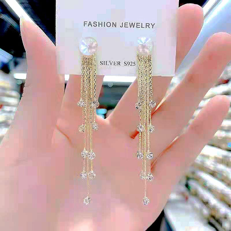 Rhinestone long tassel s925 earrings