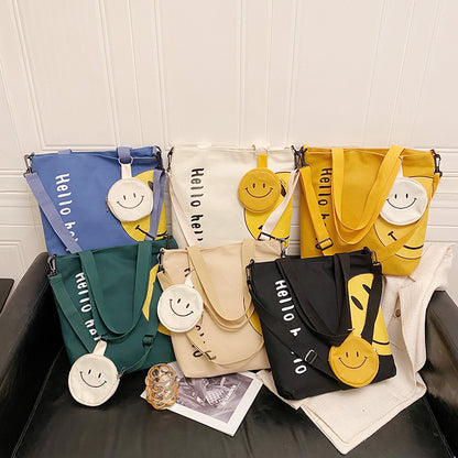 Fresh Shoulder Bag Women's Sweet Smiley Face Portable Canvas Bag Casual Cute Crossbody Bag Training Student Tuition Bag
