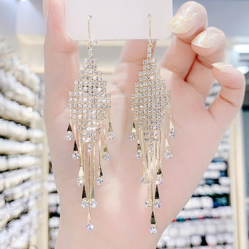 Rhinestone long tassel s925 earrings