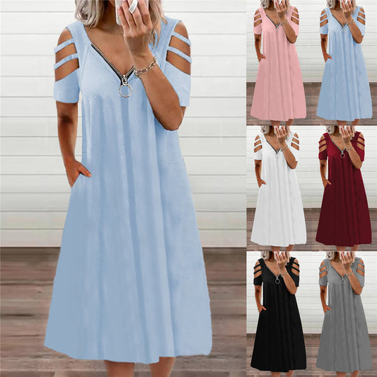 2023 Summer  European and American Women's Clothing Wish New Hot Sale V-neck Sexy Solid Color Zipper Short Sleeve Dress