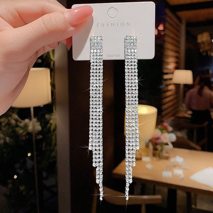 Rhinestone long tassel s925 earrings