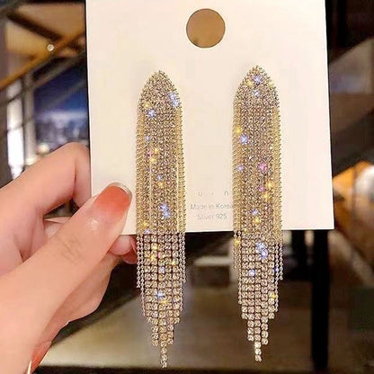 Long style tassel rhinestone s925 earrings