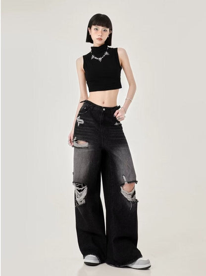 funninessgames High Street Perforated Jeans Women's Summer New INS Fashion Brand Straight Tube Loose Sweeping Wide Leg Pants Women's Jeans