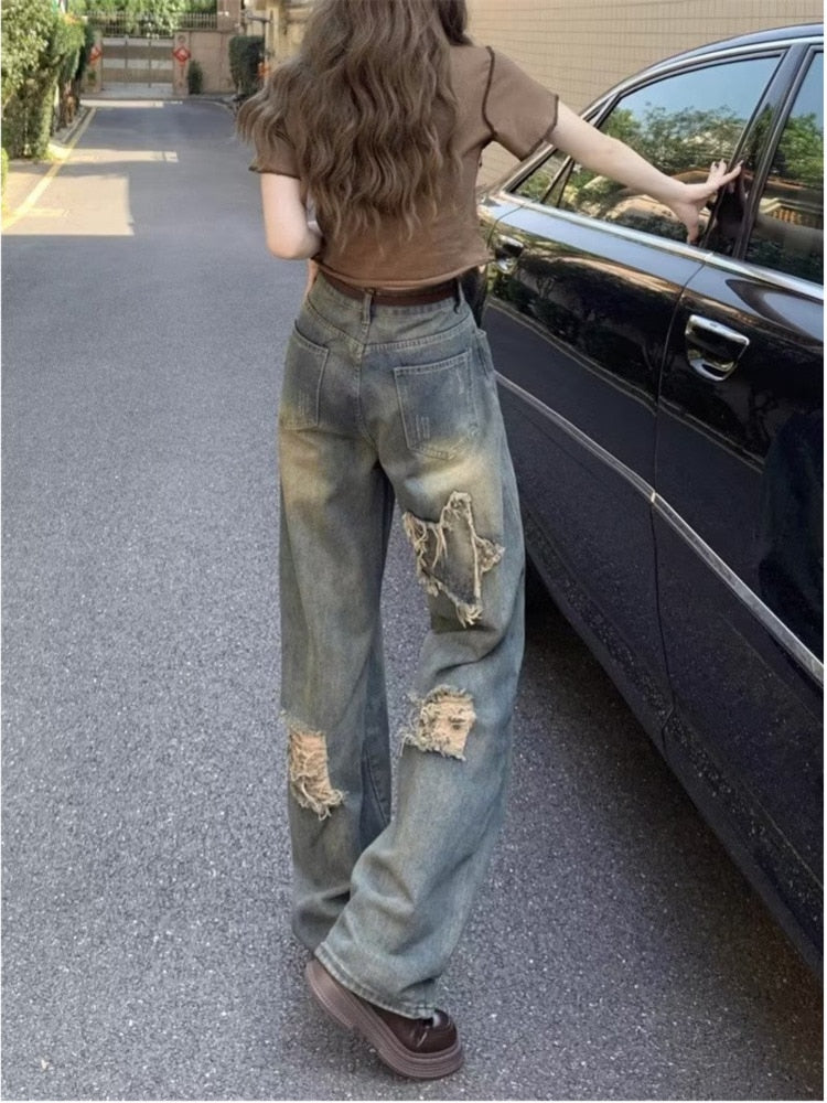 funninessgames Perforated Jeans, Summer Loose Straight Leg Wide Leg Pants, Niche Stitching, Old Beggar Pants, Women's Jeans