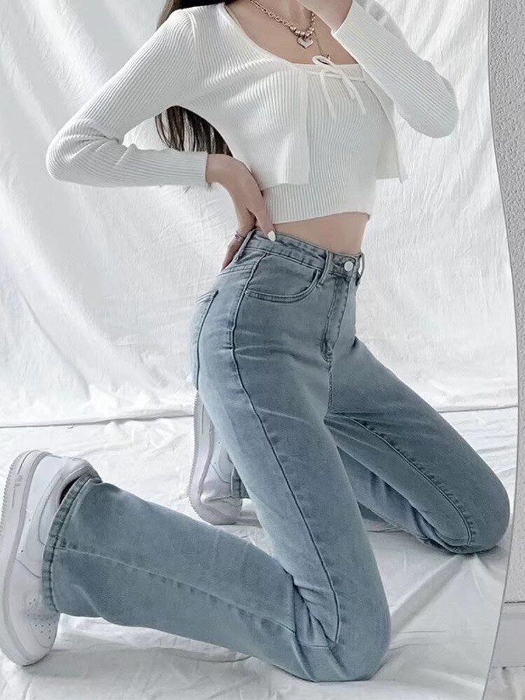 funninessgames split jeans women's spring and autumn new high-waisted slim fit slim wide-legged micro-flare mopping pants trendy ins