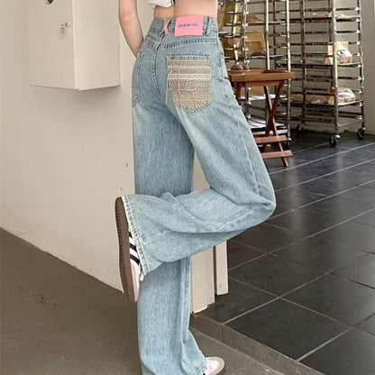 funninessgames Baby Blue Loose Straight Jeans Women's High Waist Thin Summer Thin Design Tassel Versatile Wide Leg Pants Trend