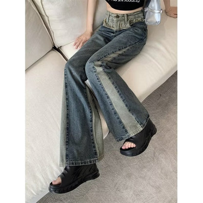 funninessgames Summer New Splice Slim Raglan Jeans Women Spice Girls High Waist Design Sense Small Public Show Thin Flare Pants