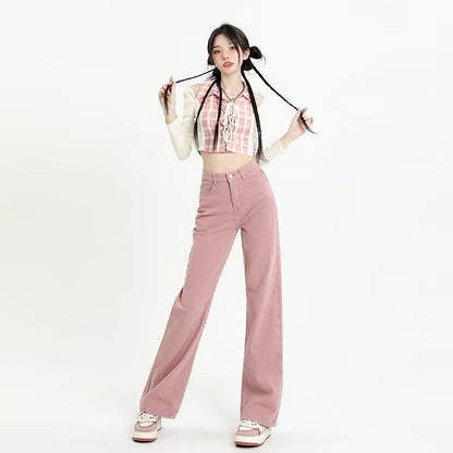 funninessgames European And American Gentle Style Dirty Pink Ruffled Jeans, Women's Loose And Trendy Straight Tube Versatile Wide Leg Pants