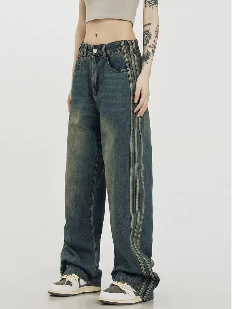 funninessgames Vintage Washed Old High Street Side Striped Jeans Women's Loose Wide Leg Slim Pants Women's Jeans