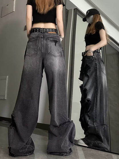 funninessgames Niche Design Jeans, High Street Heavy Industry Wide Leg Pants, High-end Floor Length Pants, Trendy Brand Women's Jeans