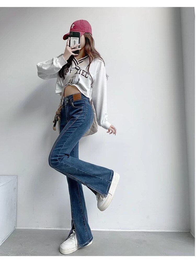 funninessgames Split Jeans Women's Spring And Autumn New High-waisted Slim Fit Slim Wide-legged Micro-trumpet Mopping Pants Trendy Ins