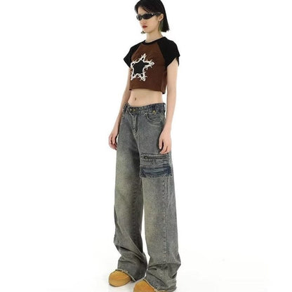 funninessgames Hong Kong Style Retro High Waisted Workwear Jeans, Women's Summer New Unique Design, Straight Pocket, Floor Long Pants