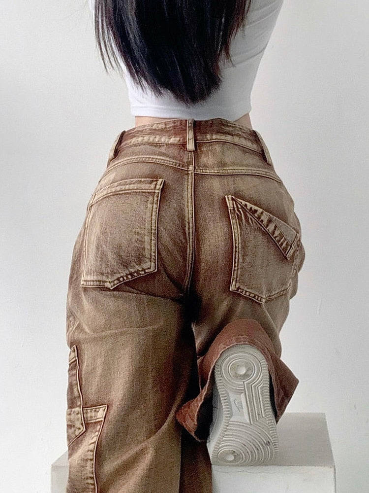 funninessgames Y2K Brown Cargo Pants Women 90S Vintage Grunge High Waist Baggy Jeans Streetwear Wide Leg Loose Denim Trousers Female