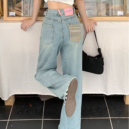 funninessgames Baby Blue Loose Straight Jeans Women's High Waist Thin Summer Thin Design Tassel Versatile Wide Leg Pants Trend