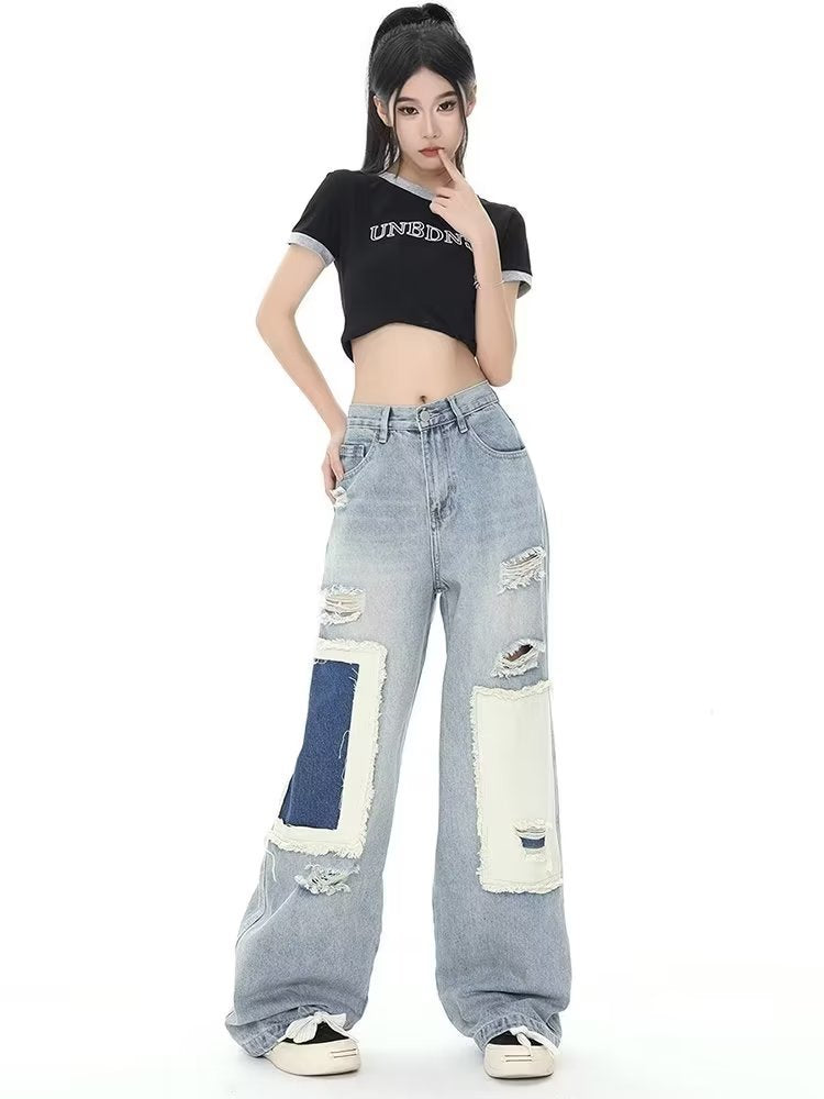 funninessgames Design Sense Contrast Color Broken Hole Patch Women's Jeans Women's Summer Crowd High Waist Loose Straight Leg Long Pants