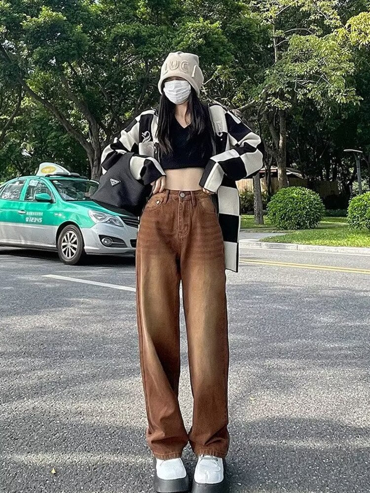 funninessgames European And American Retro Brown Jeans Women's Spring And Autumn High-waisted Straight-leg Loose And Thin Wide-leg Pants