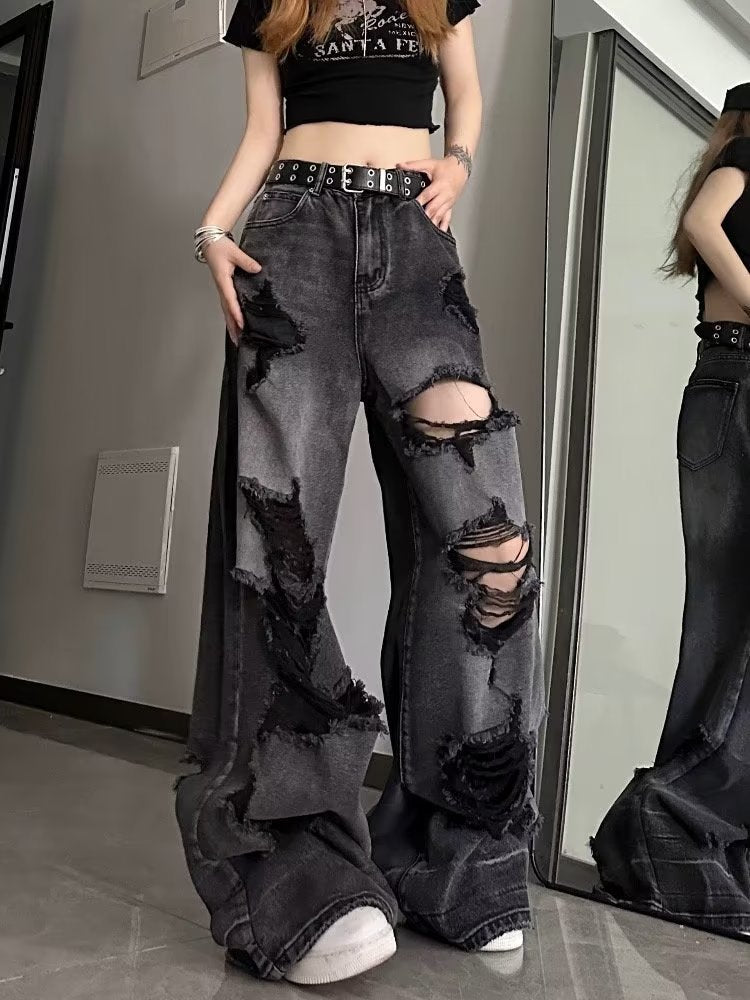 funninessgames Niche Design Jeans, High Street Heavy Industry Wide Leg Pants, High-end Floor Length Pants, Trendy Brand Women's Jeans