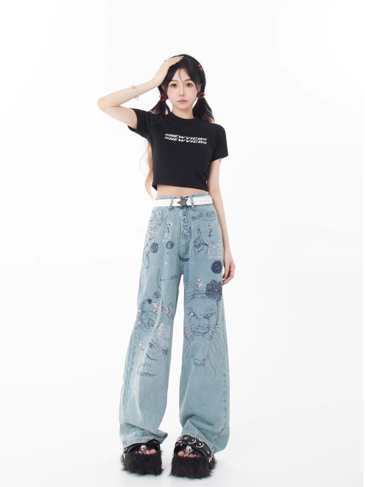 funninessgames Spring and Autumn Season New Small Market Design Sense Print Graffiti Straight Barrel Personalized Jeans Women's Jeans