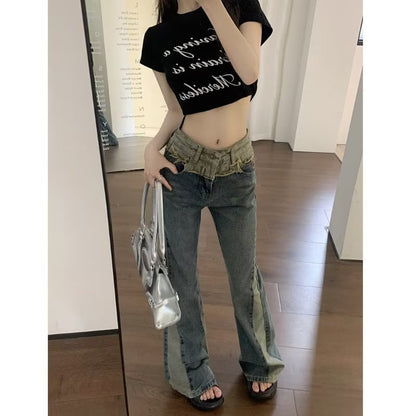 funninessgames Summer New Splice Slim Raglan Jeans Women Spice Girls High Waist Design Sense Small Public Show Thin Flare Pants