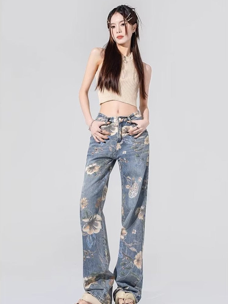 funninessgames Street Printed Jeans, Female Niche Design, Trendy Vibe High Waisted Drape, Straight Leg Wide Leg Long Pants, Women's Jeans