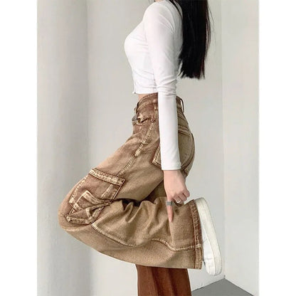 funninessgames Y2K Brown Cargo Pants Women 90S Vintage Grunge High Waist Baggy Jeans Streetwear Wide Leg Loose Denim Trousers Female