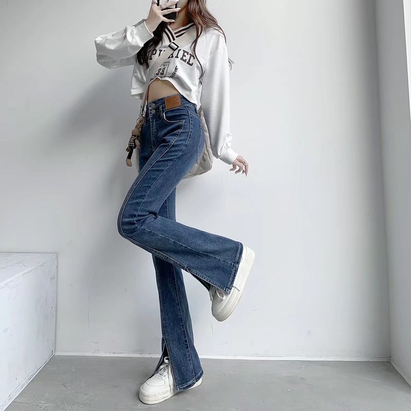 funninessgames Split Jeans Women's Spring And Autumn New High-waisted Slim Fit Slim Wide-legged Micro-trumpet Mopping Pants Trendy Ins