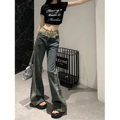 funninessgames Summer New Splice Slim Raglan Jeans Women Spice Girls High Waist Design Sense Small Public Show Thin Flare Pants