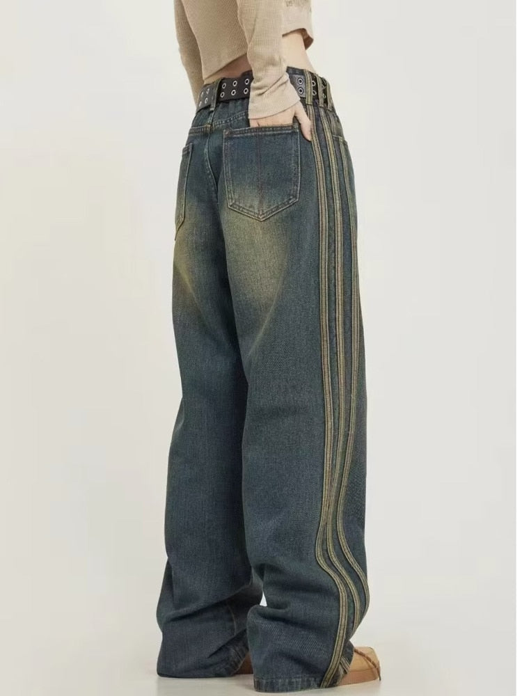 funninessgames Vintage Washed Old High Street Side Striped Jeans Women's Loose Wide Leg Slim Pants Women's Jeans