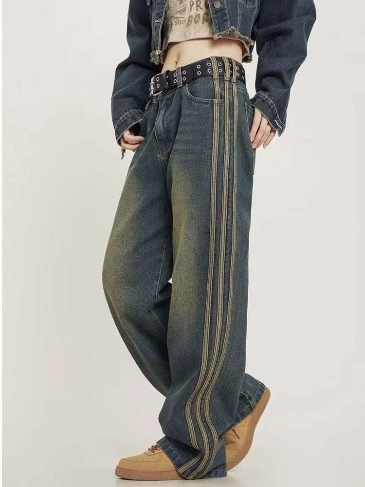 funninessgames Vintage Washed Old High Street Side Striped Jeans Women's Loose Wide Leg Slim Pants Women's Jeans